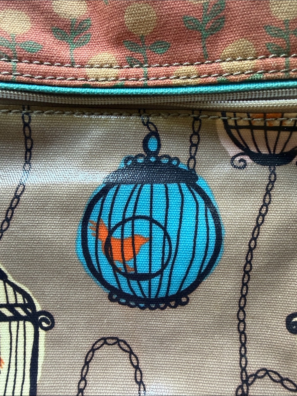 Fossil Key-per Canvas Tote Bag with Colorful Birdcage Print in Tan and Teal - Picture 4 of 9